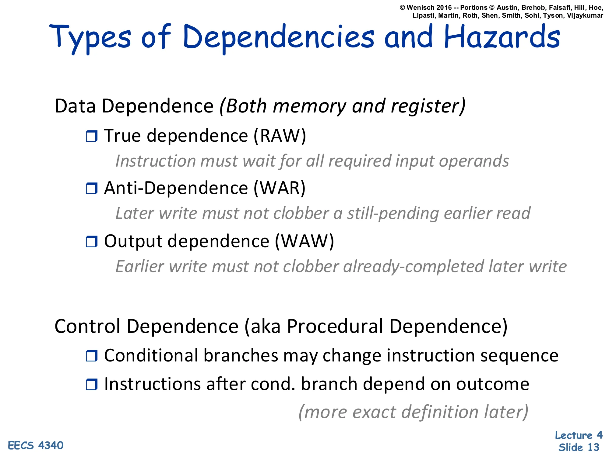Types of Dependencies and Hazards (slide 13)