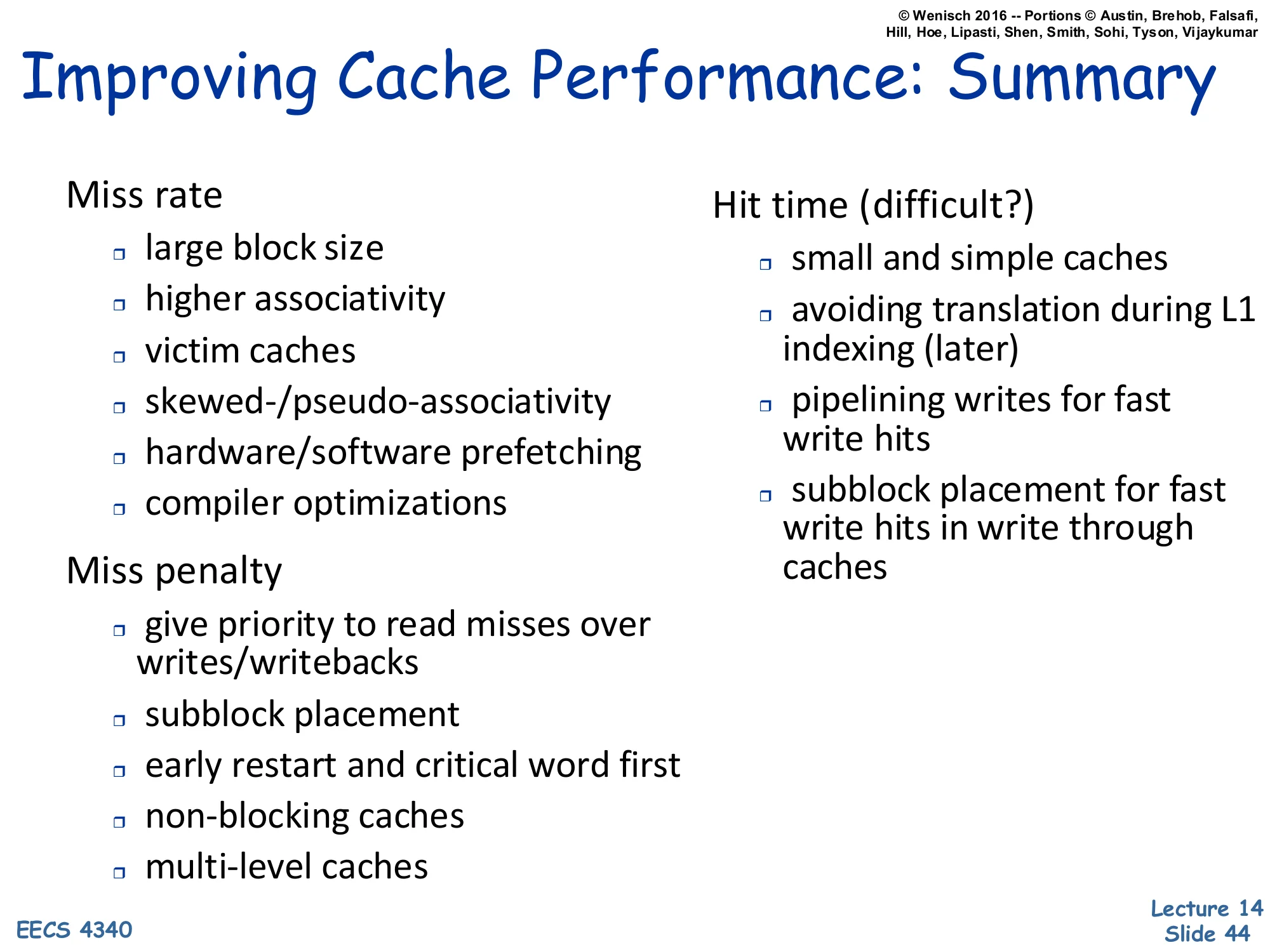 Improving Cache Performance: Summary (slide 44)
