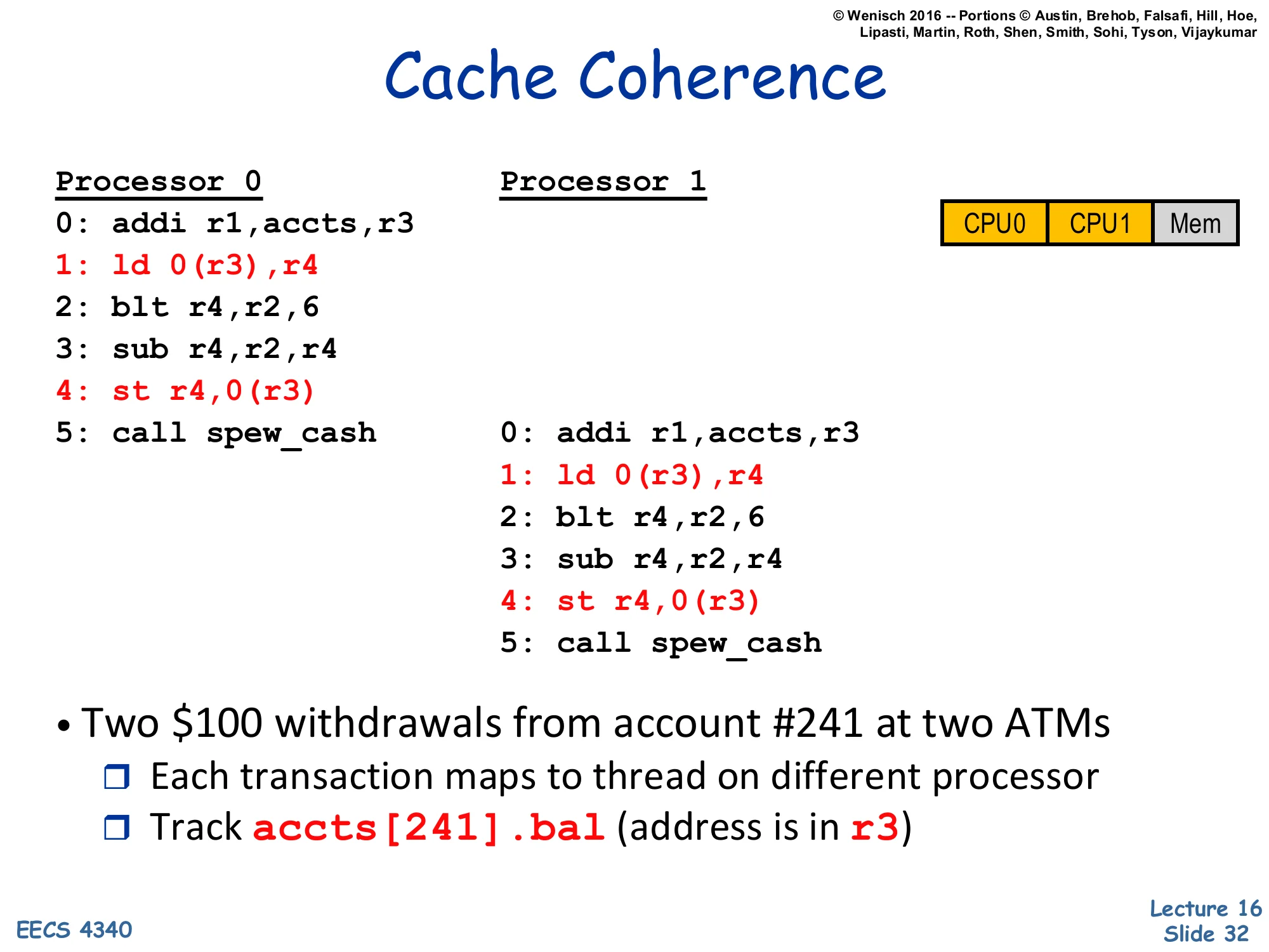 Cache Coherence — Two ATMs Example (slide 32)